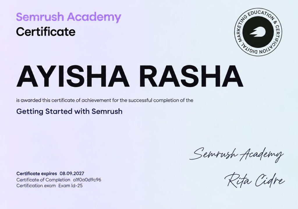 Semrush Academy Certification: Getting Started With Semrush Certified to: Ayisha Rasha