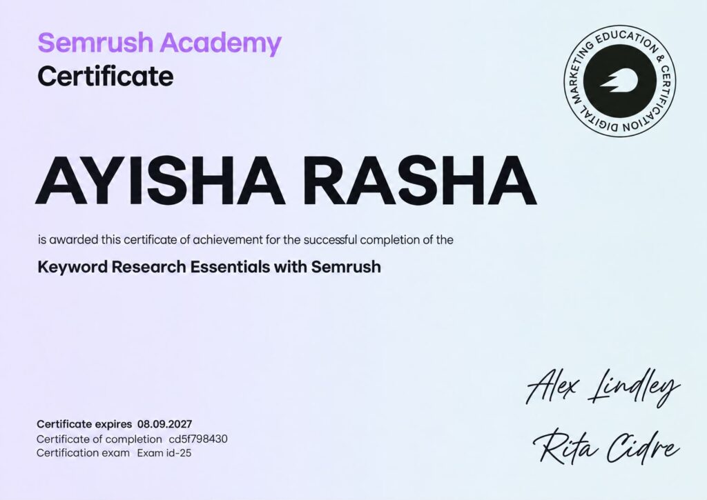 Semrush Academy Certification: Keyword Research Essentials with Semrush Certified to: Ayisha Rasha